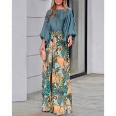 Lantern Sleeve Top & Tropical Print High Waist Pants Set - dark green