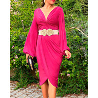 Lantern Sleeve Twisted Front Ruched Party Dress - hot pink