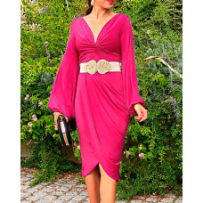 Lantern Sleeve Twisted Front Ruched Party Dress - hot pink