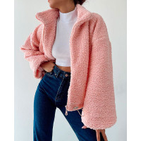 Lantern Sleeve Zip Front Teddy Coat - pink