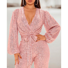 Lantern Sleeve Zipper Back Plunge Sequins Jumpsuit - pink