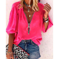 Lantern Sleeve Zipper Design Casual Top - hot pink