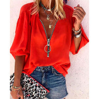 Lantern Sleeve Zipper Design Casual Top - red