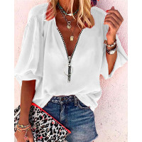 Lantern Sleeve Zipper Design Casual Top - white