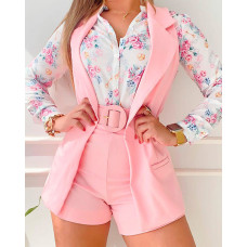 Lapel Collar Blazer Vest & Shorts Set With Belt - pink