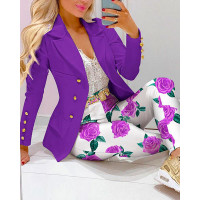 Lapel Collar Double Breasted Blazer & Floral Print Pants Set - purple