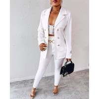 Lapel Collar Double Breasted Blazer & Tailored Pants Set - white