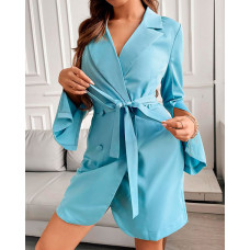 Lapel Collar Split Sleeve Tie Front Button Slit Dress - blue