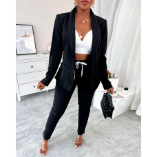 Lapel Neck Blazer Coat & Drawstring Pants Set - black