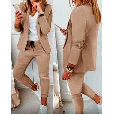 Lapel Neck Blazer Coat & Drawstring Pants Set - khaki