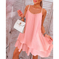 Layered Pearls Strap Pleated Casual Dress - light pink