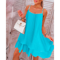 Layered Pearls Strap Pleated Casual Dress - Lighted Blue