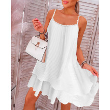 Layered Pearls Strap Pleated Casual Dress - white