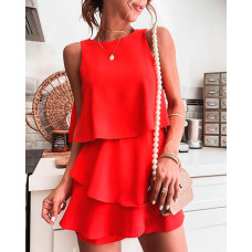 Layered Ruffle Hem Asymmetrical Romper - red