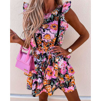 Layered Ruffle Hem Backless Floral Print Dress - Multicolor