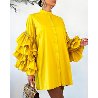 Layered Ruffle Hem Button Front Shirt Dress - yellow