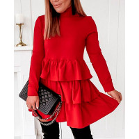 Layered Ruffle Hem Long Sleeve Dress - red