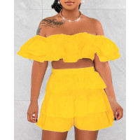 Layered Ruffle Hem Off Shoulder Top & Shorts Set - yellow