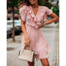 Layered Ruffle Hem Wrap Dress - pink