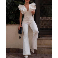 Layered Ruffle Sleeve Flared Leg Jumpsuit - white