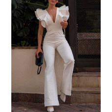 Layered Ruffle Sleeve Flared Leg Jumpsuit - white