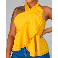 Layered Ruffle Trim Overlap Shirred Halter Top - yellow