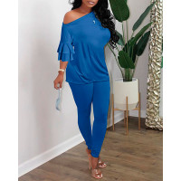 Layered Ruffles Bell Sleeve Top & Pants Set - dark blue