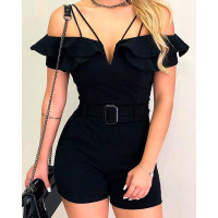 Layered Ruffles Cold Shoulder Belted Romper - black