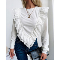 Layered Ruffles Eyelet Embroidery Long Sleeve Top - white