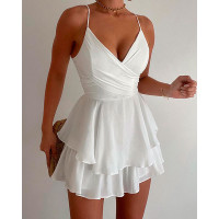 Layered Ruffles Spaghetti Strap Mini Dress - white