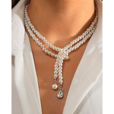 Layered Waterdrop Shaped Rhinestone Pearls Chain Necklace - white