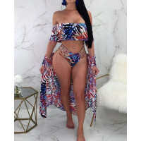 Leaf Print Bikini&Cover Ups Swimsuit Sets - blue