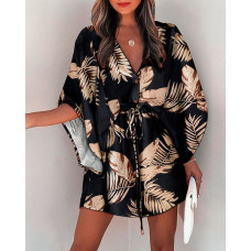 Leaf Print Button Front Drawstring Casual Dress - black