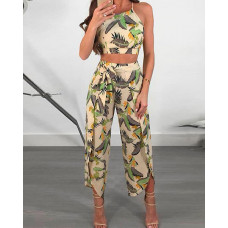 Leaf Print Cami Top & Split Pant Sets - yellow