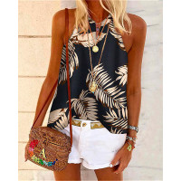 Leaf Print Casual Tank Top - black