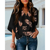 Leaf Print Cowl Neck Top - black