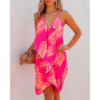 Leaf Print Halter Backless Draped Casual Dress - hot pink