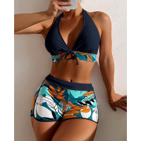 Leaf Print High Waist Halter Bikini Set - purplish blue