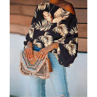 Leaf Print Lantern Sleeve Top - black