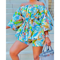 Leaf Print Off Shoulder Belted Top & Shorts Set - green