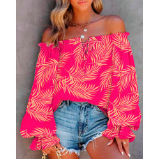 Leaf Print Off Shoulder Lantern Sleeve Top - hot pink