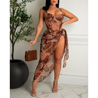 Leaf Print One-Piece Swimsuit With Cover Up - style1