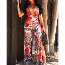 Leaf Print Plunge Strappy Back Slit Wide Leg Jumpsuit - red