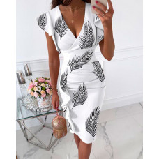 Leaf Print Ruffle Hem Ruched Bodycon Dress - black&white