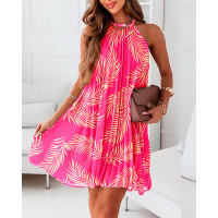 Leaf Print Sleeveless Halter Pleated Dress - hot pink