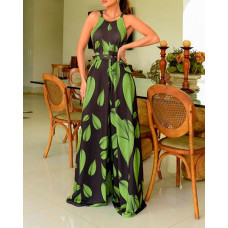 Leaf Print Sleeveless Wide Leg Jumpsuit - black