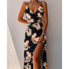 Leaf Print Spaghetti Strap Slit Dress - black