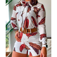 Leaf Print Tie Neck Top & Shorts Set With Belt - white