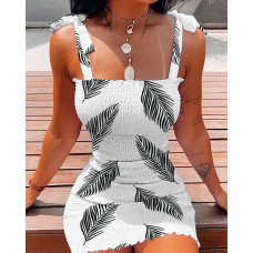 Leaf Print Tied Detail Shirred Bodycon Dress - white