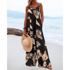 Leaf Print Wide Leg Suspender Jumpsuit - black